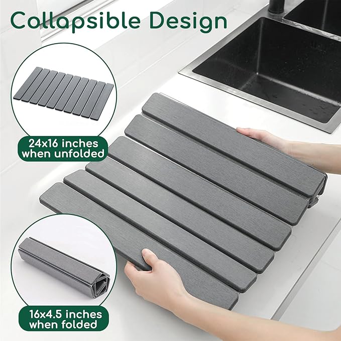 Stone Drying Mat for Kitchen Counter, DarkGray 24"×16" Collapsible Fast Drying Dish Mats, Diatomaceous Earth Water Absorbing Mat for Dishes Bottles Cups