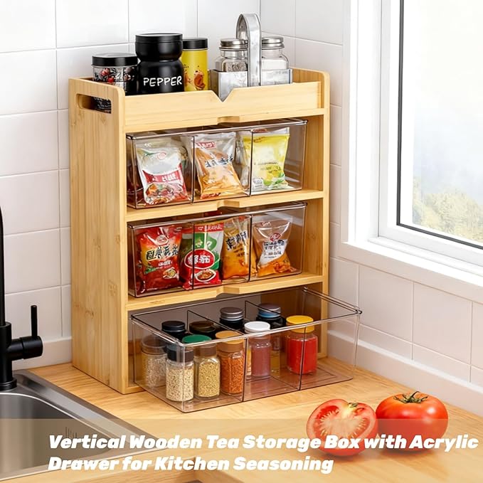 Tlence 4 Tier Bamboo Tea Bag Organizer, Vertical Wooden Tea Storage Box with Acrylic Drawer, Tea Storage Holder and Tea Station for Countertop Kitchen Office, 15.5" x 11" x 5.3"