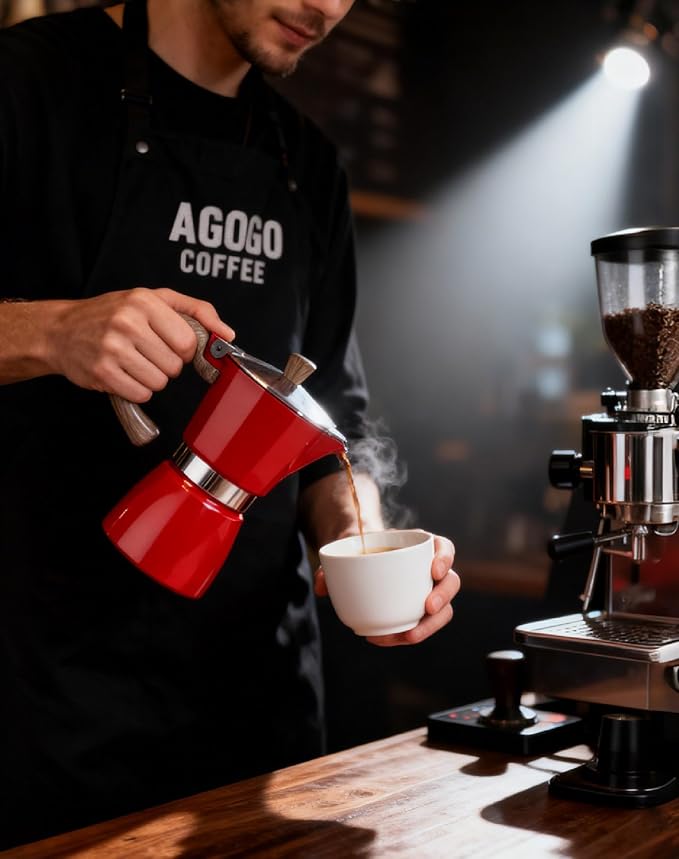 AGOGO Milano Moka Pot Stovetop Espresso Maker with 100 Paper Filters for Sediment-Free Coffee, Classic Italian Greca with Wood-Grain Handle,Cleaning Brush & Towel 6 Cup (10oz / 300ml) Red