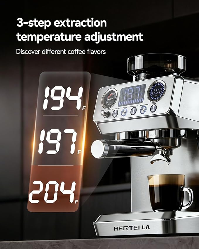 HERTELLA Espresso Machines with Burr Grinder, 20 Bar Visual Pressure Gauge, Milk Frother Steam Wand, Stainless Steel, 4 Temperature Modes (Hot and Cold Brew)，Automatic Pressure Release Function