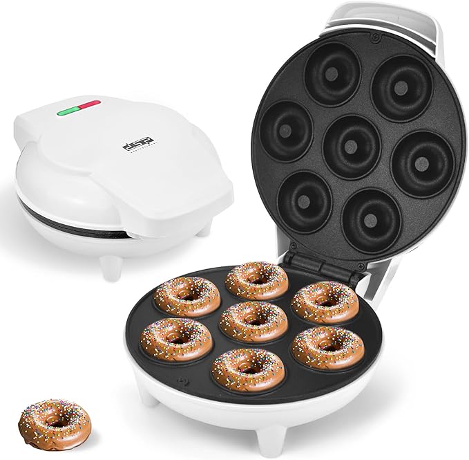 DSP Mini Donut Maker - Non-Stick, Cool Touch Electric Doughnut Machine for Mini Donuts - Perfect for Breakfast, Snacks & Desserts (White, 7 Donuts)
