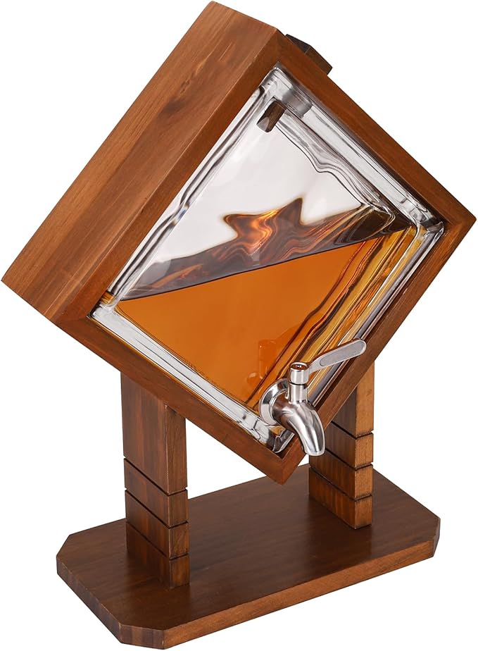 Whiskey Decanter with Wood Stand, Liquor Dispenser for Home Bar and Mancave Decor, Unique Birthday Christmas Gift for Men Dad and Whiskey Lovers, Bourbon Scotch Tequila