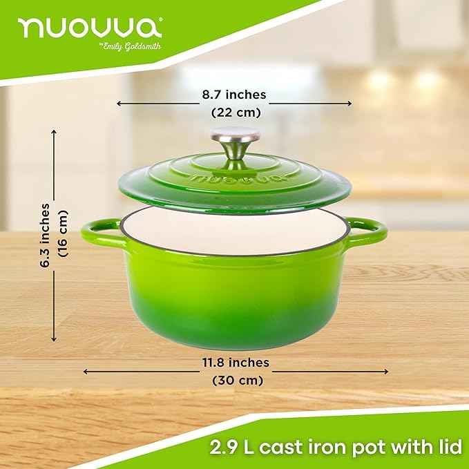 Cast Iron Dutch Oven with Lid – Non-Stick Ovenproof Enamelled Casserole Pot – Sturdy Dutch Oven Cookware – Green, 3.1-Quart, 22cm – by Nuovva