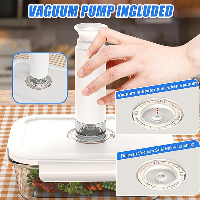 Vacuum Sealer & Food Storage Container for Food, Vacuum Sealer for Food + 3 Glass Vacuum Containers |Square [18 Oz/27 Oz/42 Oz]+ 10 Food Saver Sealer Bags,For Freezer, Sous Vide, Meal Prep