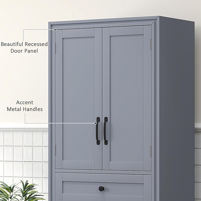 HOMCOM 67" Tall Freestanding Kitchen Pantry Cabinet, 4-Door Storage Cabinet with Drawer and Adjustable Shelves for Dining Room, Gray