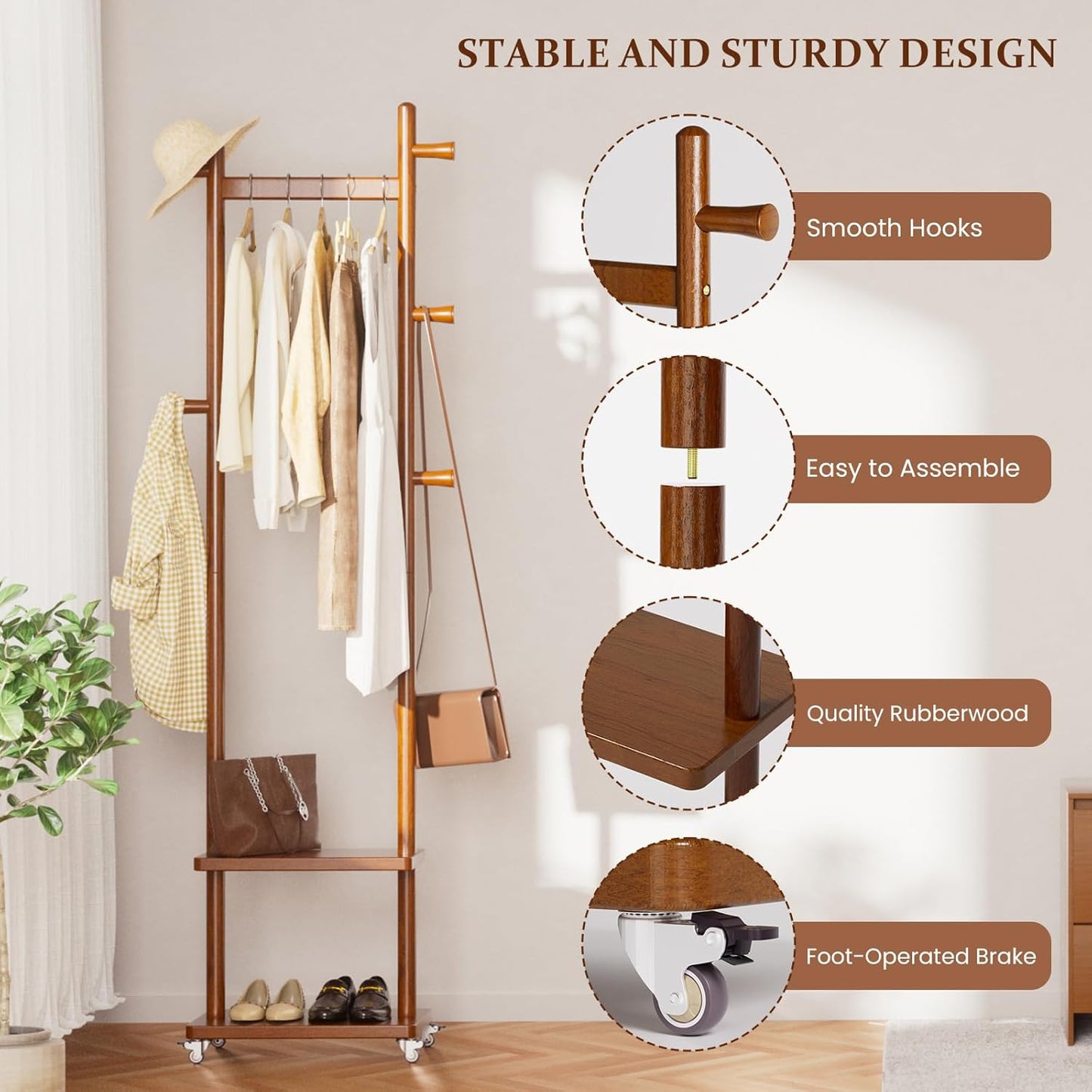 Solid Wood Coat Rack Freestanding Clothing Rack with Wheels & 2 Shelves Storage & 5 Hooks Heavy Duty Clothes Rack Wood Coat Tree Stand Hat Hanger Rack for Corner Bedroom Entryway Living Room Hotel