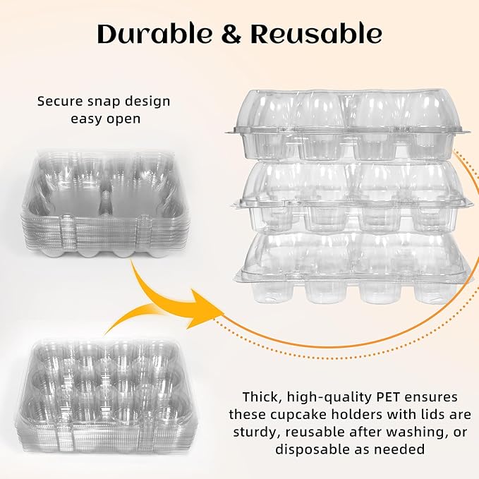 WIKDAY 12 Count x 6 Sets Plastic Cupcake Containers, Durable and BPA-Free Cupcake Holder with Lid for Easy Transport Storage, Stackable Clear Cupcake Carriers, Reusable Dessert Boxes