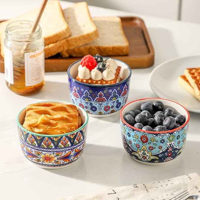 Glowworm 8 Oz Ramekins Set of 6, Ceramic Creme Brulee Ramekins, Colorful Souffle Dishes for Snacks, Ice Cream, Pudding Custard Cups for Baking, Oven & Dishwasher Safe, Bohemian