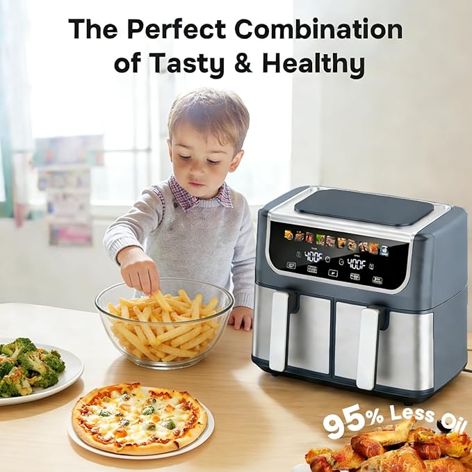 Simple Deluxe 9.5-Qt Dual Basket Air Fryer, 10-in-1 Digital Preset 1700W Airfryer, Sync Cook, Independent Temp Control, Shake Reminder, Nonstick Basket, Grey
