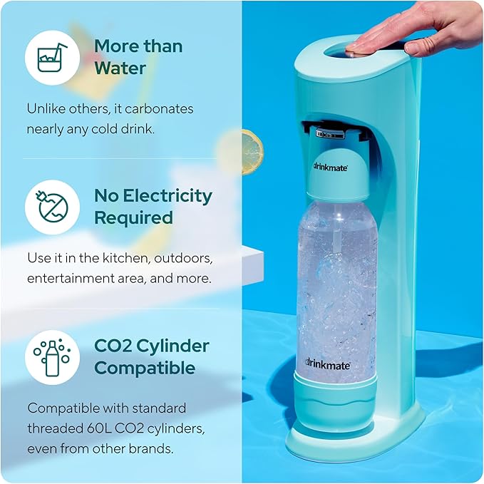 Drinkmate OmniFizz Sparkling Water Maker & Soda Streaming Machine | Carbonates Any Drink | STARTER KIT | Includes One 60L CO2 Cartridge + One BPA-Free Bottle (Arctic Blue)