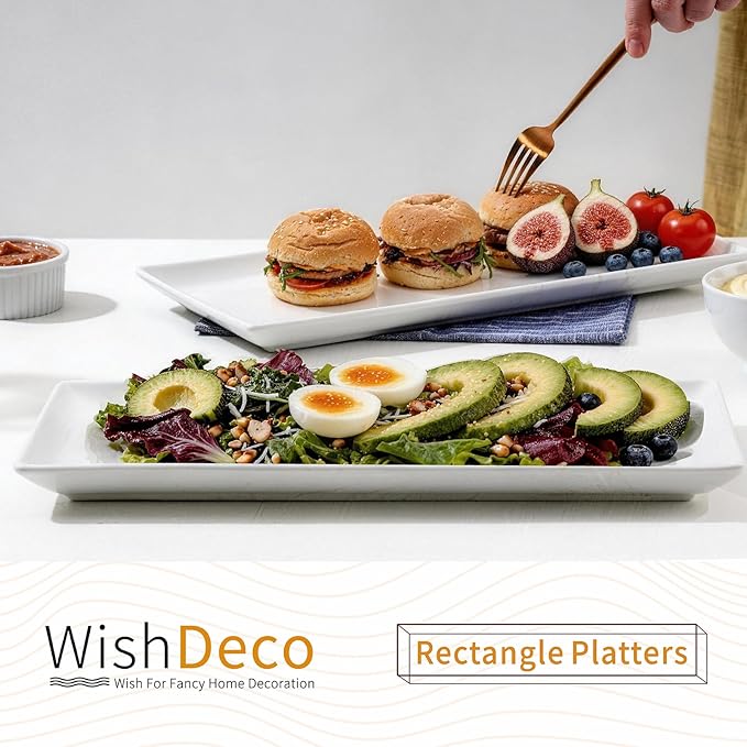 WishDeco Large Serving Platter Set of 2, Long Ceramic Serving Tray 16 inch, Rectangular Serving Dishes, White Plates for Entertaining, Fruit, Appetizer, Charcuterie, Oven & Dishwasher Safe