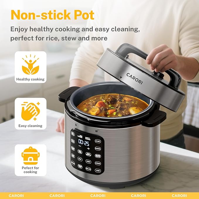 CARORI 9-in-1 Electric Pressure Cooker, 1000W Instant Multi-Cooker with IMD Touchscreen, Olla de Presion, Non-Stick Pot, Rice Cook, Slow Cook, Steamer, Sauté, Warmer, Safe Venting, Silver 8 Qt