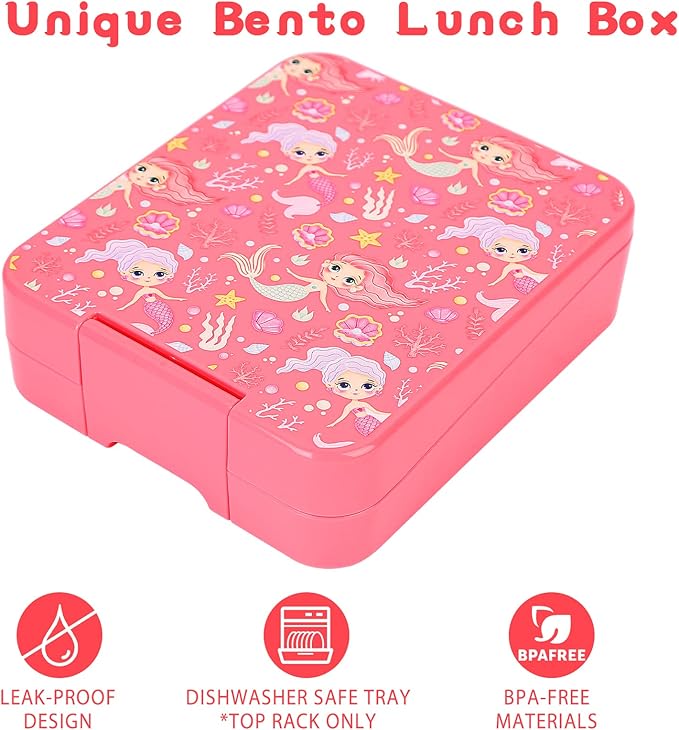 Bento Lunch Box Set for Kids with 10oz Soup Thermo, Leak-Proof Lunch Containers with 4 Compartment, Kids Thermo Hot Food Jar and Insulated Lunch Bag for Kid to School,BPA-Free(Mermaid)