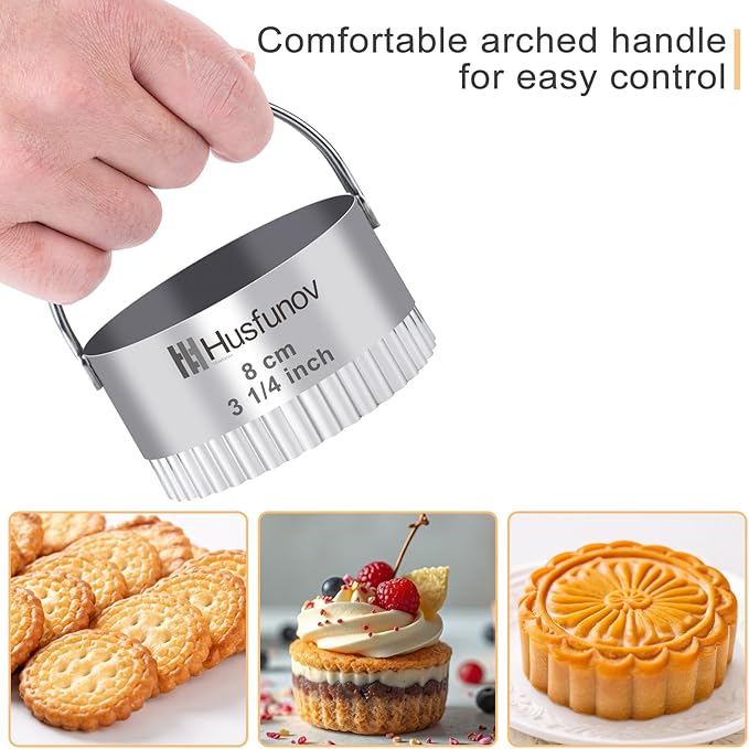 Husfunov Biscuit Cutter Set Wave Cookie Cutters with Handle 5 Pieces Stainless Steel Square Professional Baking Dough Tools for Cake