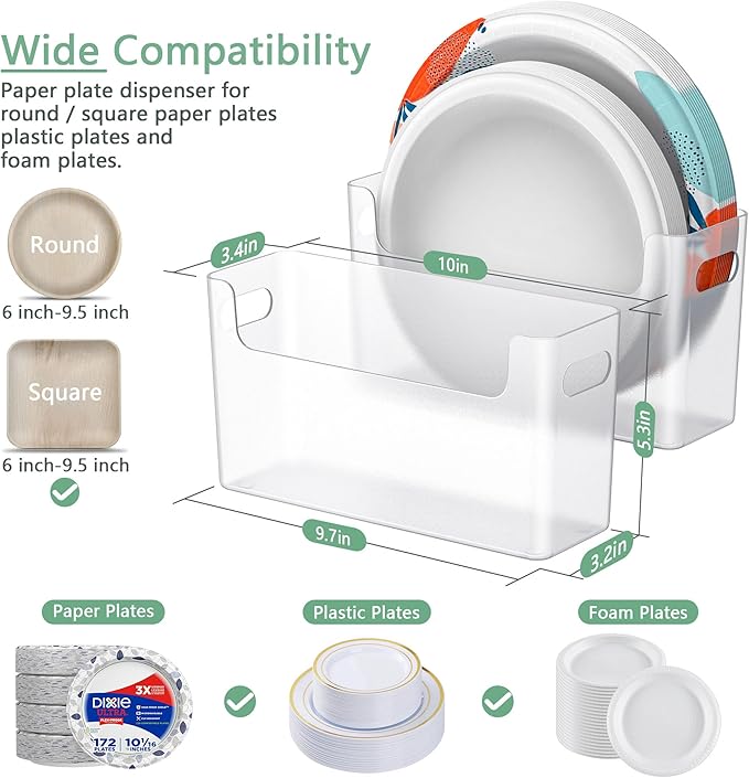 4Pcs Paper Plate Dispenser for 6-9.5 Inch Disposable Plates, Space-Saving Plastic, Foam and Paper Plate Storage Organizer for Cabinet, Countertop, RV or Outdoor (Transparent)