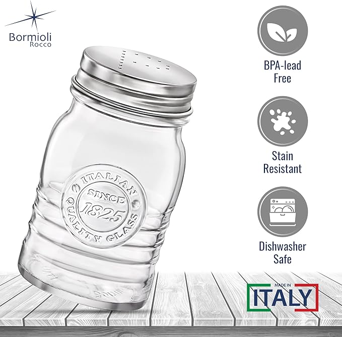Bormioli Rocco Officina 1825 Salt And Pepper Shaker, Set Of 2, Clear, 8 Oz. Stain Resistant, Durable Glass Jars, Dishwasher Safe.