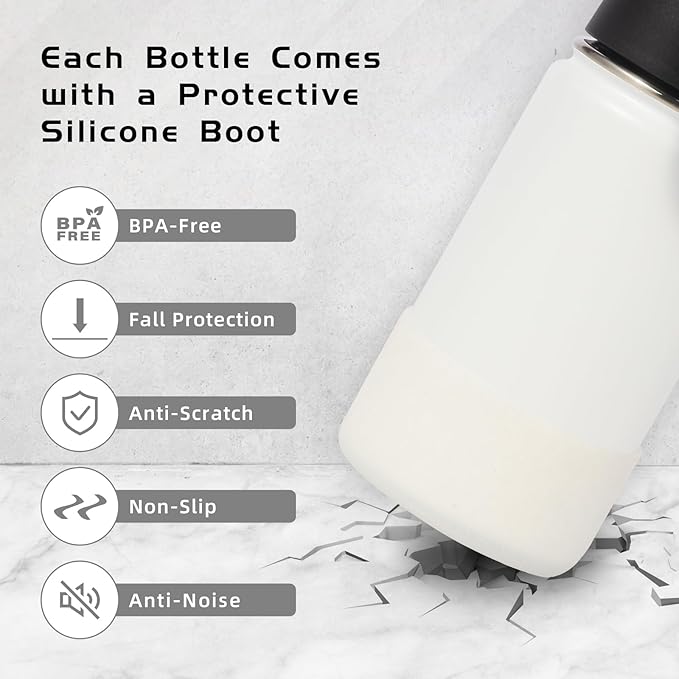 Volhoply 14oz KIds Water Bottle with Straw Lid and Silicone Boot Bulk 6 Pack,Stainless Steel Insulated Cups for Boys & Girls Multipack,Double Wall Vacuum Leakproof Bottles(White,6)