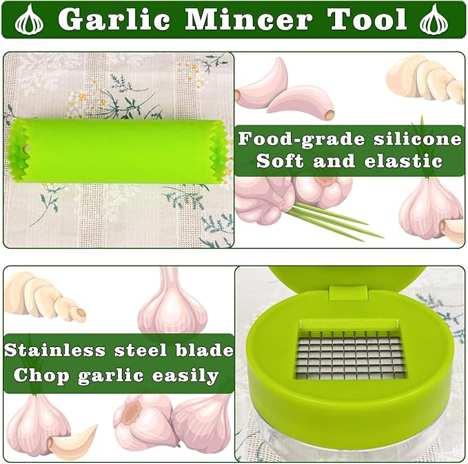 Garlic Press Stainless Steel, Garlic Mincer Tool with Storage Container, Garlic Chopper with Peeler Skin and Cleaning Brush