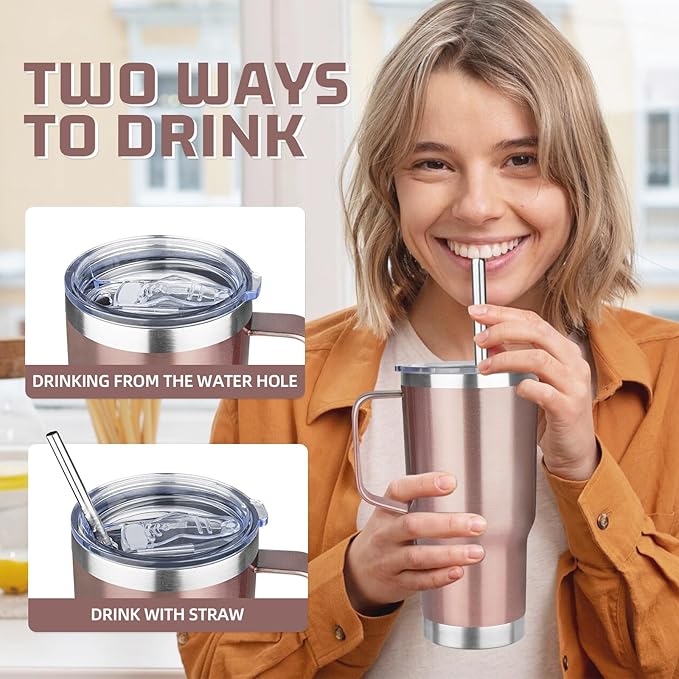 20 oz Tumbler with Handle Stainless Steel Insulated Coffee Tumbler with Lid and Straw Double Wall Vacuum Insulated Coffee Mug Leak Proof Travel Mug Tumbler for Hot and Cold Drink (Rose Gold,4pack)