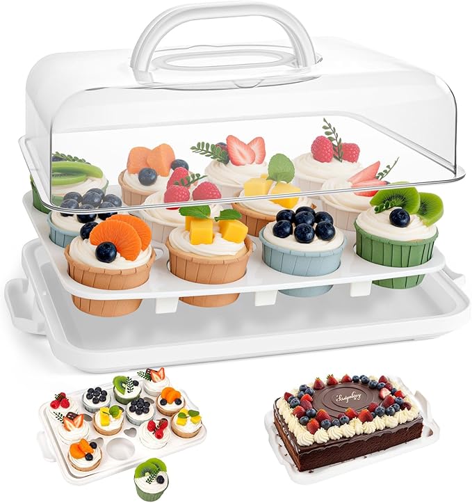VGOODALL Cake Carrier with Lid and Handle, 12 Capacity Cupcake Carrier, 2-in-1 Rectangular Cupcake Holder for Pies Muffin Pizza Nuts Fruit, Dessert Storage Containers for Parties, Picnics, Baking