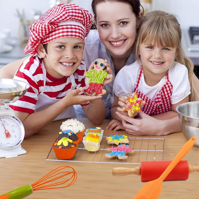 TOSSOW Kids Baking Tools Set Cupcake Pop Maker with Rolling Pin,Muffin cups,Measuring Spoons,Cooking Baking Supplies 28-Piece Kids Baking Kits
