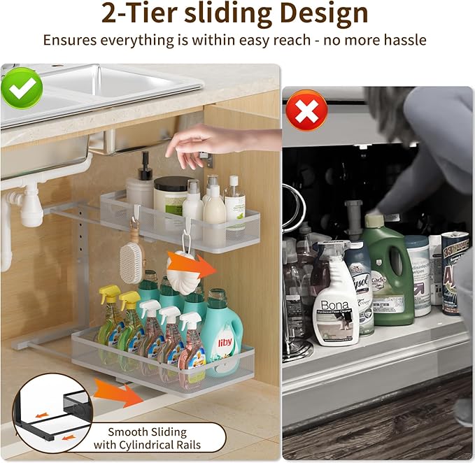 Under Sink Organizer 2 Pack, 2-Tier Slide Out Cabinet Organizer with Metal Sliding Drawer and Hooks, Pull Out Storage Baskets for Kitchen Bathroom Pantry Cabinet Organization (grey)