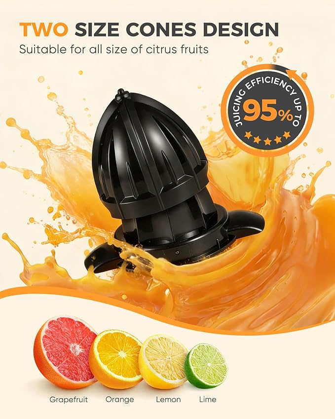 Electric Orange Juicer, Citrus Juicer Squeezer with 2 Interchangeable Cones, 160W Electric Juicer Machine with Stainless Steel Body & Transparent Juice Collector for Lime Grapefruit Lemon