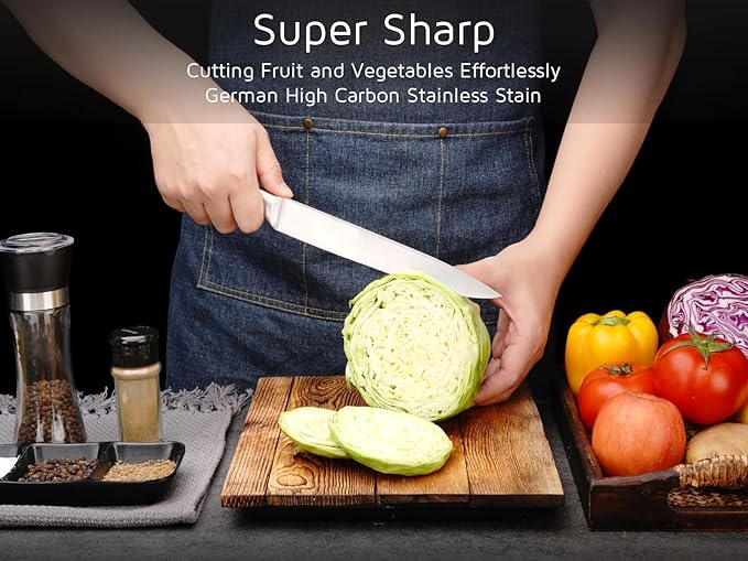 8 Inch Slicing Knife, German High Carbon Stainless-Steel Blade and Full Tang Handle, Super Sharp Slicer Knife for Carving Slicing Cutting of Meat Vegetables and Fruits-Silver
