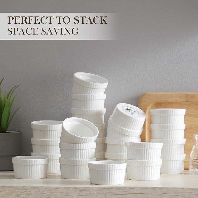 MALACASA Mini Ramekins 2 oz set of 24, Ramiken, Ceramic Creme Brulee Ramekins, White Custard Cups, Small Dipping Bowls for Kitchen Serving Sauce Condiments, Dishwasher Oven Safe, Series RAMEKIN.DISH