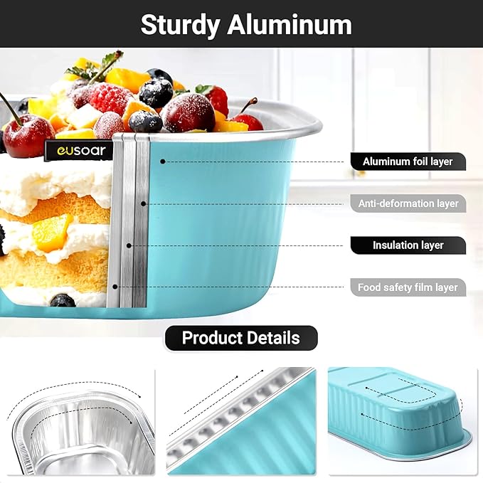 EUSOAR Baking Cups with Lids, 50pcs 6.8oz 6.5"x2.5"x1.2" Disposable Aluminum Foil Ramekins Pan Tin, Cupcake Containers Wrappers Cheesecake Creme Brulee Ramekins Mini Loaf Cake Pans with Lids