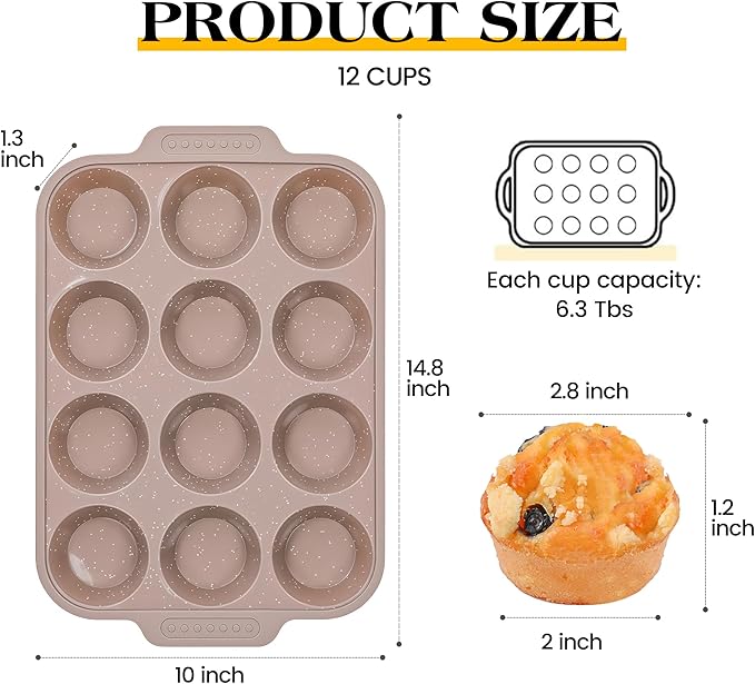 1 Pc Silicone Muffin Pans for Baking with Metal Reinforced Frame, Nonstick Cupcake Tray for Oven, 12 Cups Regular Size Silicone Molds for Egg Bites, Dishwasher Safe (Brown)