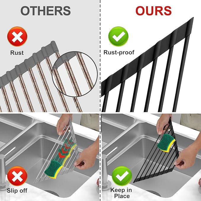 MERRYBOX Triangle Roll Up Dish Drying Rack Over The Sink, 2025 Anti-Rust Sink Drying Rack with Full Silicone Wrapped- Anti-Slip, Space Saving, Durable Organizer for Kitchen