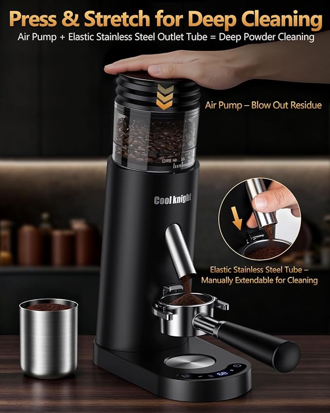 COOL KNIGHT Rechargeable Conical Burr Coffee Grinder, 60 Grind Settings & 5–98 Level Timer, Espresso Grinder with Bellows Hopper and Portafilter Holder, Easy to Clean