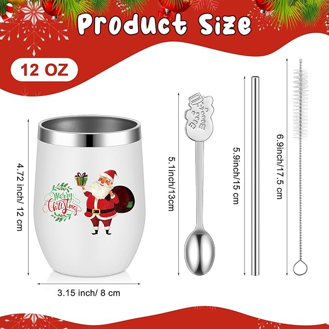 Sliner 16 Pcs Christmas Funny Wine Tumbler Spoon Set 12 Oz Stainless Steel Tumbler with Straw Brush Double Wall Insulated Travel Coffee Mug for Christmas Xmas Party Decorations Holiday Gift