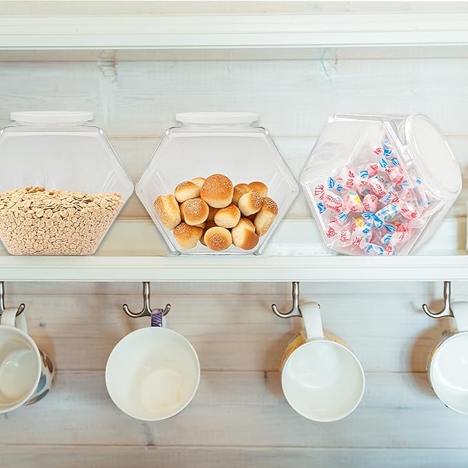 Woozettn Plastic Candy Jar,Hexagon Cookie Jars for Kitchen,Clear Hexagonal Containers with Lids for Dry Food,Candy,Snacks,Cookies,Craft,Laundry Pod(1 Pcs)