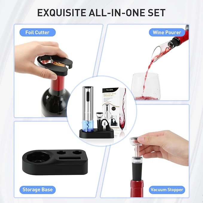 Secura Electric Wine Opener Set, Rechargeable Automatic Home Wine Bottle Opener Reusable Corkscrew with Foil Cutter, Vacuum Stoppers, Aerator Pourer Wine Set for Wine Lovers, Silver