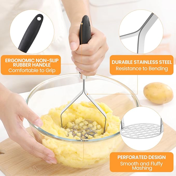 2Pcs Potato Masher, Premium Stainless Steel Mashed Potato Masher Kitchen Tool with Silicone Handle, Integrated & Wire Food Smasher Set for Mashing Potatoes, Veggies, Fruits, Avocado, Meat