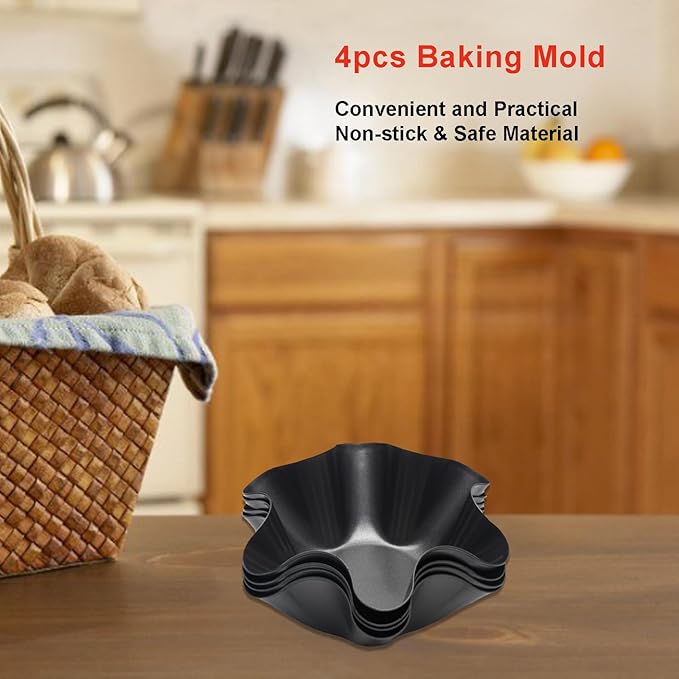Tortilla Pan Set - 4pcs Non-Stick Carbon Steel Taco Salad Bowl Makers Tortilla Shell Pans, Tostada Bake Taco Shells, Flower-shaped Baking Mold Kitchen(Black 4pcs) (16.5x 7.5x 6cm)