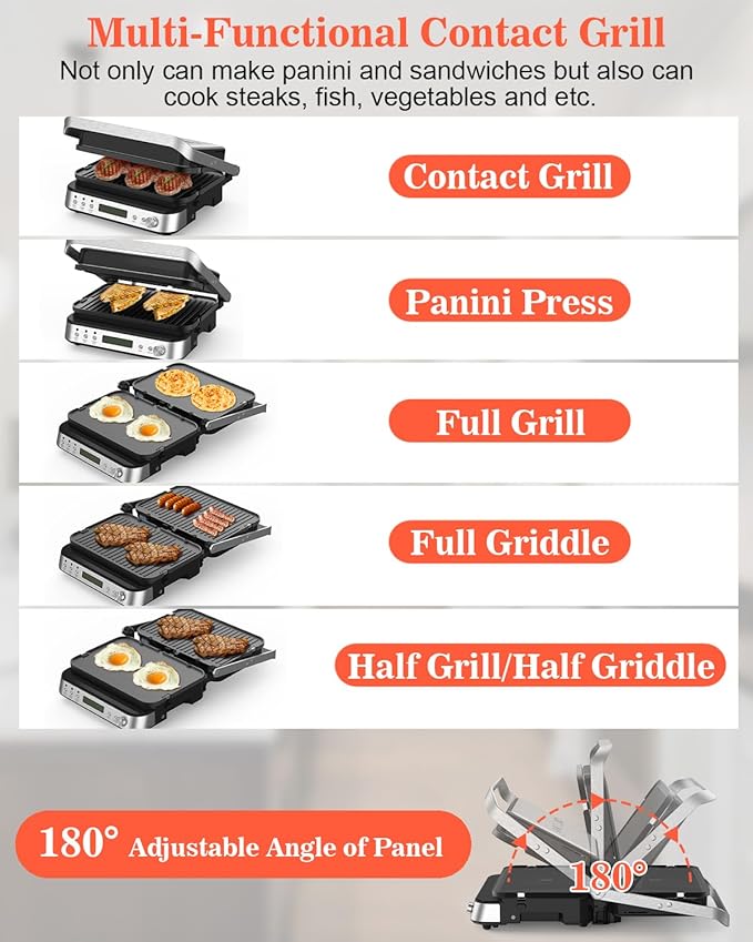 Panini Press Grill Sandwich Maker with Removable Plates, 1600W, 5 in 1 Smokeless Indoor Grill & Griddle with Meat Thermometer, Electric Contact Grills for Kitchen, Stainless Steel