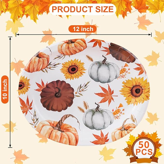 WDF 50 Pack Fall Oval Paper Plates - 10" x 12" Pumpkin and Maple Large Paper Plate - Thanksgiving Autumn Leaves Plates Disposable Heavy Duty Dinner Size - Suitable For Thanksgiving/Fall Theme Party