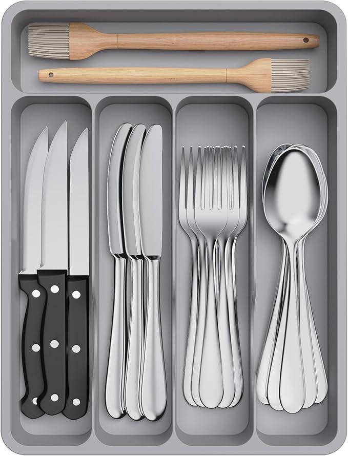 Lifewit Silverware Drawer Organizer Tray, Bamboo Cutlery Silverware Flatware Holder,Flatware and Utensil Holder Divider for Spoons Forks Knives Tableware