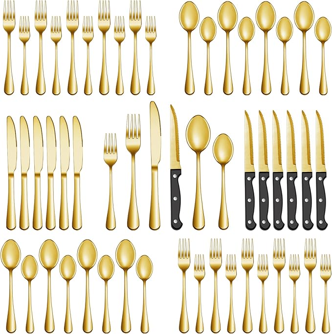 72 Pcs Gold Silverware Set with Steak Knives, Stainless Steel Flatware Cutlery Set Service for 12, Kitchen Tableware Set, Utensil Set for Home and Restaurant, Knives Forks Spoon Set, Dishwasher Safe