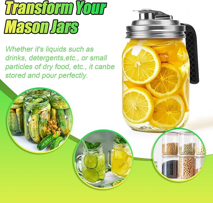 Mason Jar Pour Spout Lid Stainless Steel with Handle, Wide Mouth Pour Spout Flip Cap Lids for Mason Jars, Anticracking Leak Proof Seal Cover Airtight for Drinking Salad Dressing & Food Storing(4PCS)