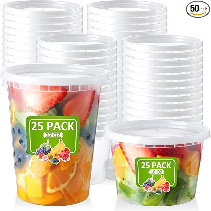NEEBAKE 50 Set Deli Containers With Lids: [16oz 32oz] Combo Plastic Food Storage, Microwaveable & Freezer Safe To-Go, Leak-proof Meal-Prep