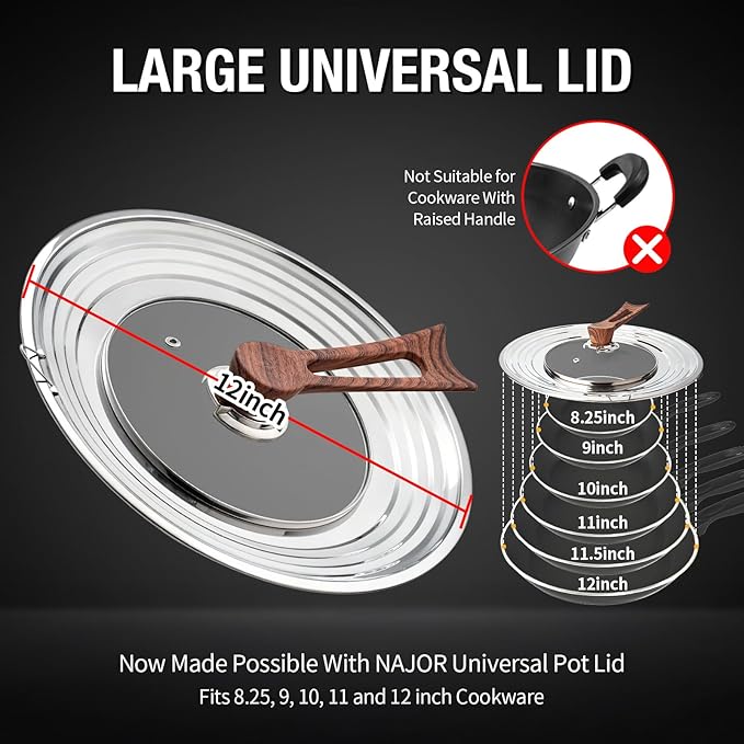 Najor Universal Lid for Pots, Pans and Skillets, Pot Lid With Wooden Standable Handle And Tempered Glass, Fits 8.25", 9", 10", 11", 12" Diameter Pots and Pans