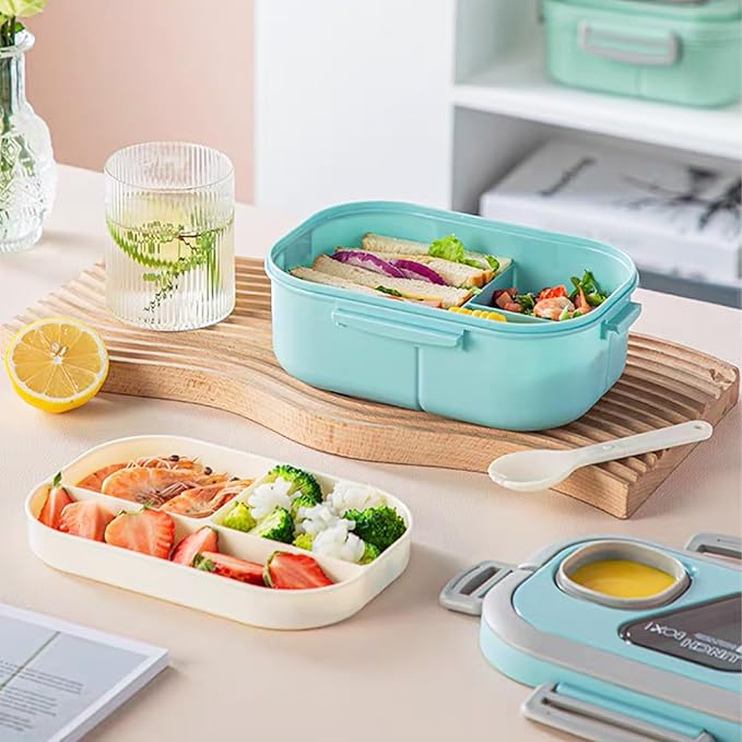 Adults Bento Lunch Box,Salad Container Large 43oz Salad Bowl, Bento-Style Tray for Toppings, 3oz Sauce Container for Dressings, and Built-In Reusable Fork