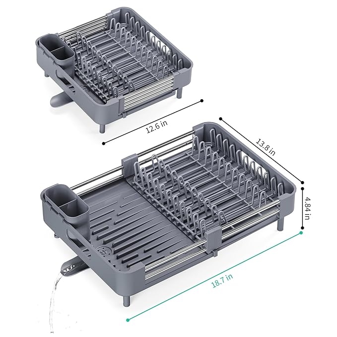 TOOLF Dish Drying Rack, Expandable Dish Rack for Kitchen Counter, Anti-Rust Dish Drainer, Sink Organization and Storage Essentials with Cutlery & Cup Holder, Gray