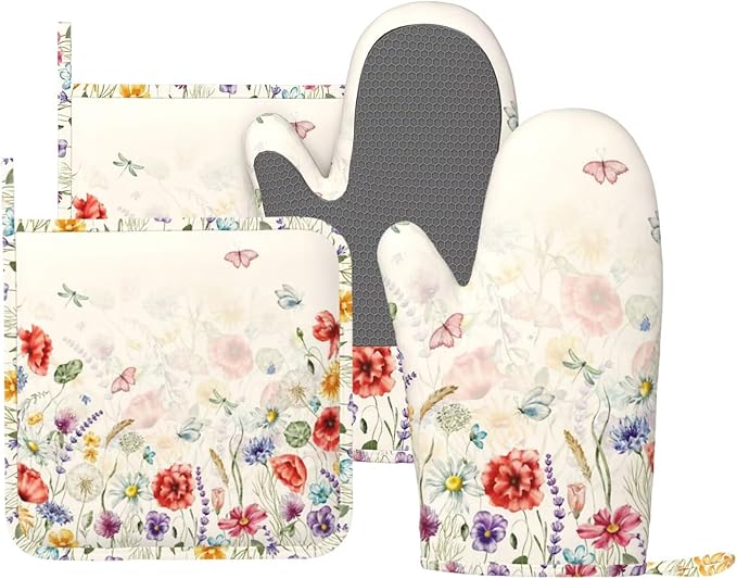 Watercolor Florals Oven Mitts and Pot Holders Sets Silicone Wildflowers Kitchen Oven Mitts Hot Pads Heat Resistant Colorful Flowers Butterfly Potholders Kitchen Mitts Set for Baking Cooking