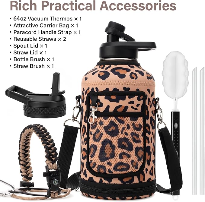 DYSANKY Insulated Water Bottle | Thickened Stainless Steel Vacuum Metal | Portable Sports Half Gallon Large Water Jug for Gym and Hiking with Straw, Carrier Bag, Handle Strap | BPA-Free 64 oz
