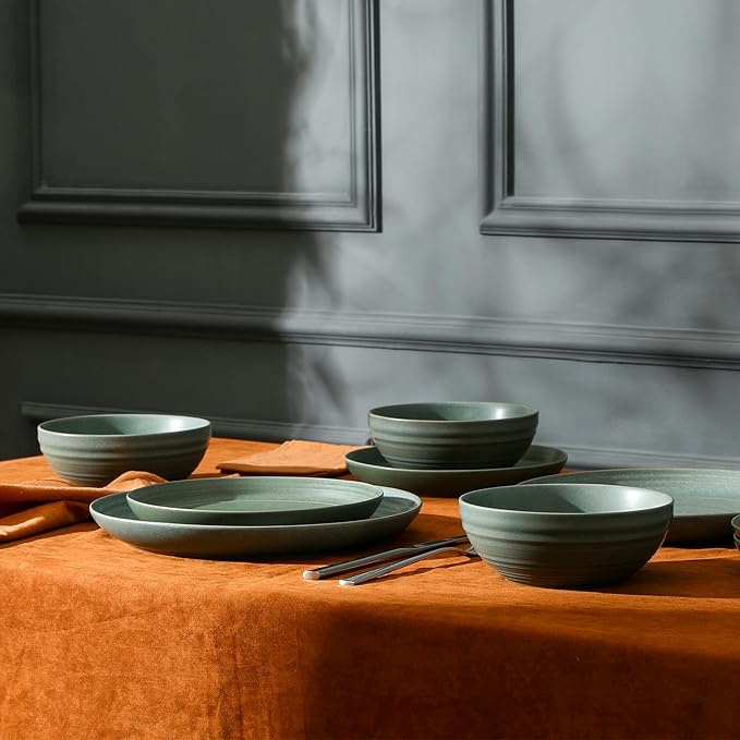 Stone Lain Elio 24-Piece Dinnerware Set Stoneware, Plates and Bowls Set, Dish Set for 8, Green